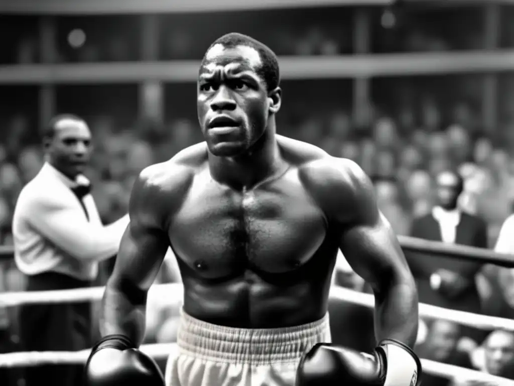 Fotografía en blanco y negro de Jack Johnson desafiando barreras raciales en el ring