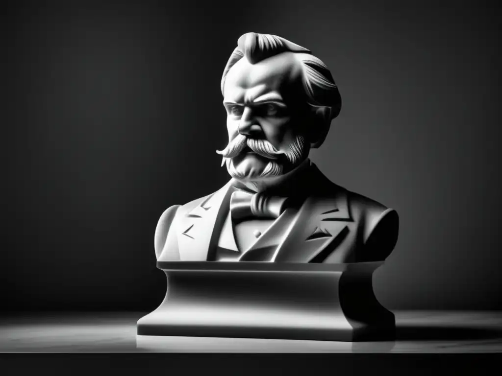Una fotografía en blanco y negro de un busto de mármol de Friedrich Nietzsche, evocando su influencia en la filosofía contemporánea