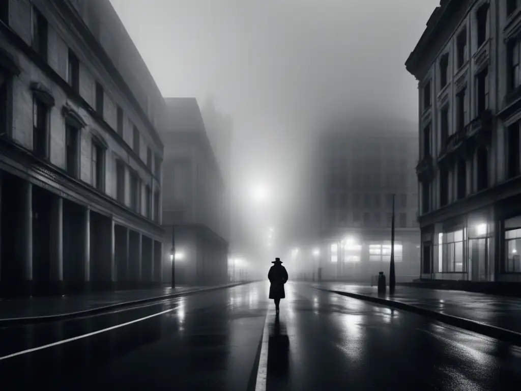 Una fotografía en blanco y negro de una calle desierta de la ciudad, con edificios vacíos y una espesa niebla en el aire