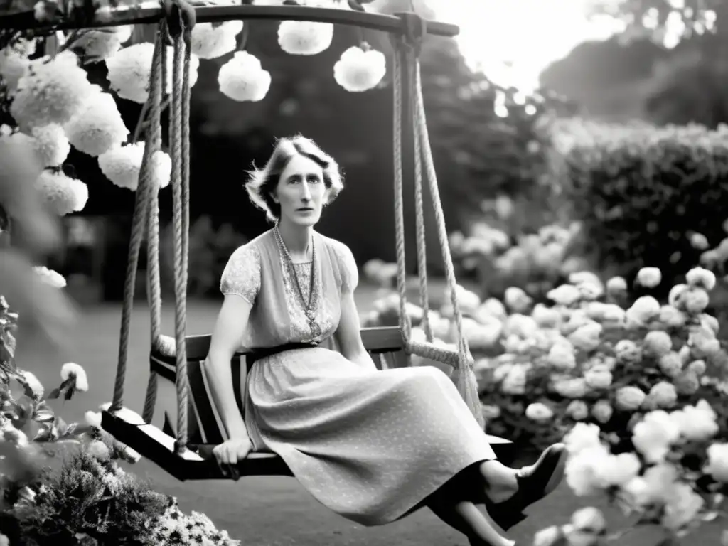 Una fotografía en blanco y negro de Virginia Woolf de niña, en un columpio rodeada de flores