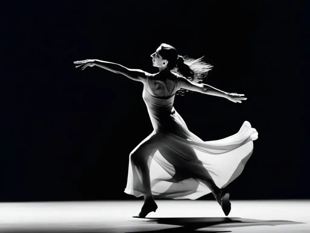 Una fotografía en blanco y negro de Pina Bausch en el escenario, capturando la esencia de la danza y la trayectoria teatral con su poderosa presencia