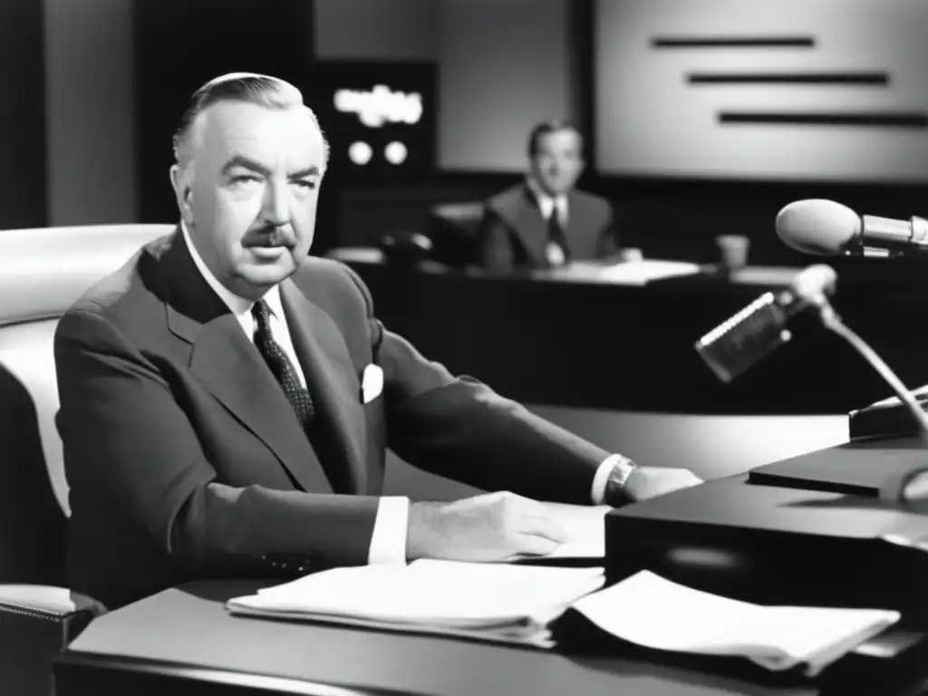 Una fotografía en blanco y negro de Walter Cronkite en un escritorio de noticias, irradiando confianza y autoridad