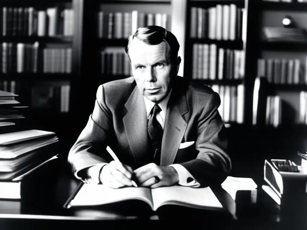 Una fotografía en blanco y negro muestra a David Ogilvy en su escritorio, rodeado de materiales publicitarios vintage