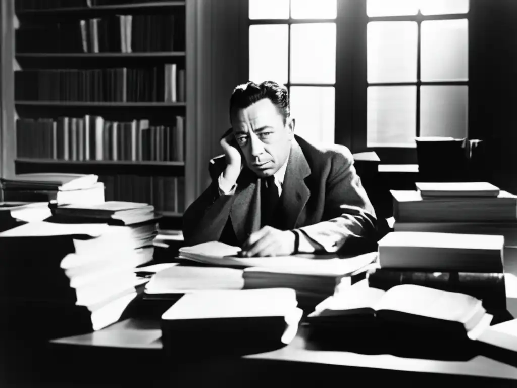 Una fotografía en blanco y negro de Albert Camus en su escritorio, rodeado de libros y papeles