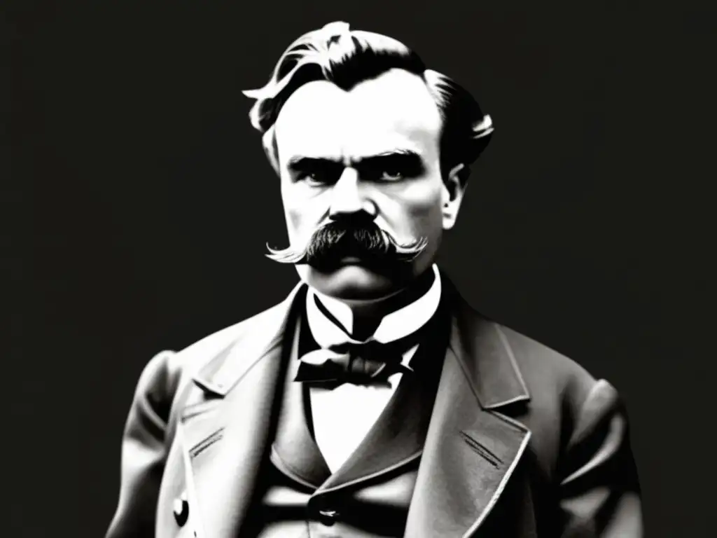 Una fotografía en blanco y negro de Friedrich Nietzsche con un fondo minimalista y moderno