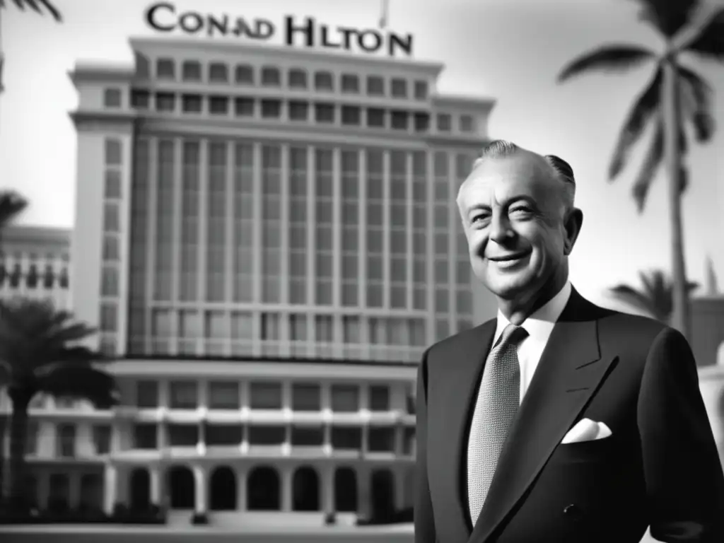 Una fotografía en blanco y negro de Conrad Hilton frente a uno de sus icónicos hoteles, proyectando su legado hotelero
