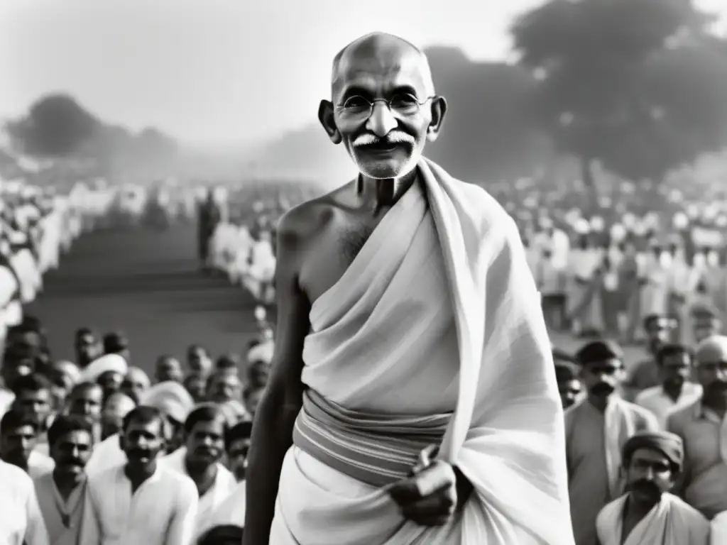 Una fotografía en blanco y negro de Mahatma Gandhi frente a una multitud, con una expresión determinada y pacífica