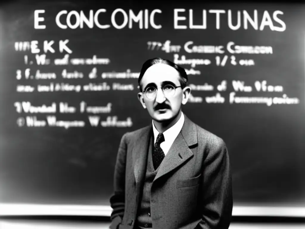 Una fotografía en blanco y negro de Friedrich Hayek frente a una pizarra llena de ecuaciones económicas