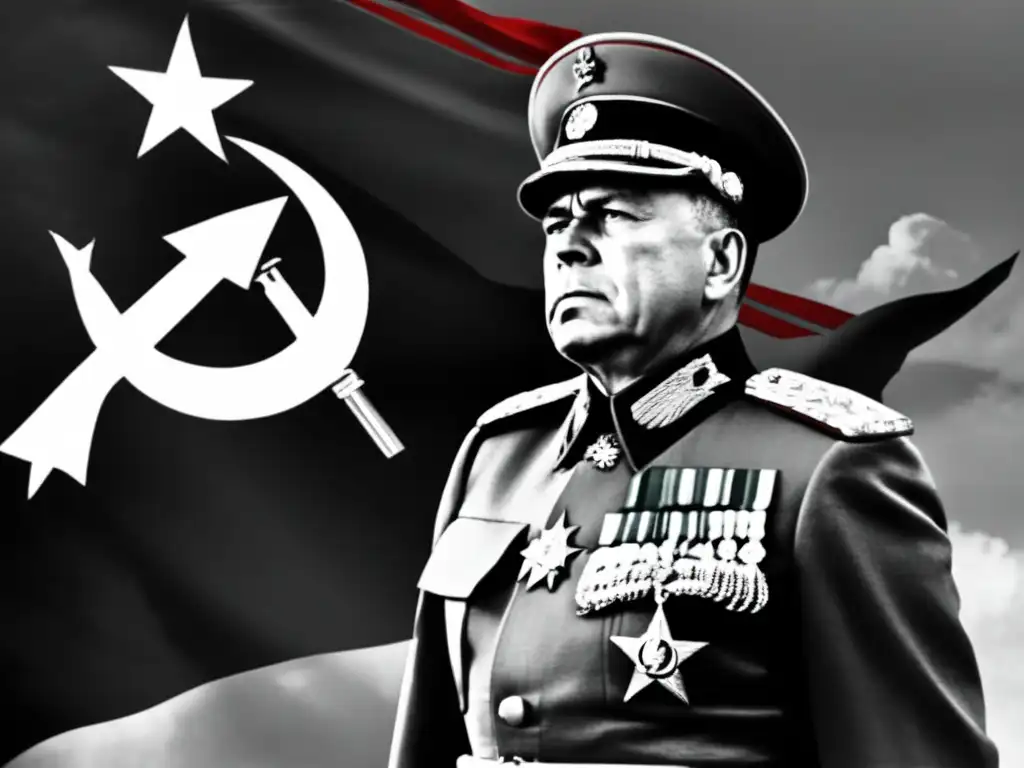 Una fotografía en blanco y negro del General Zhukov frente a la bandera soviética, con una mirada de determinación