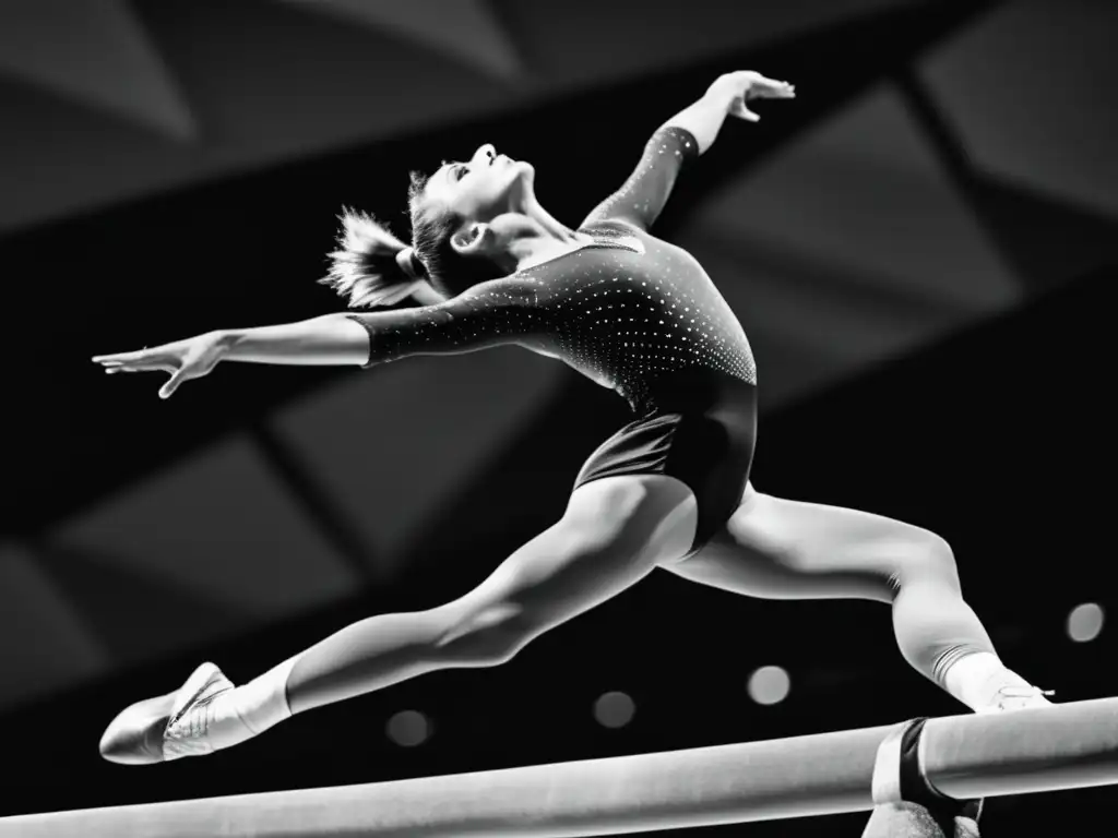 Una fotografía en blanco y negro de Larisa Latynina, gimnasta soviética, realizando un salto elegante y poderoso en la viga de equilibrio