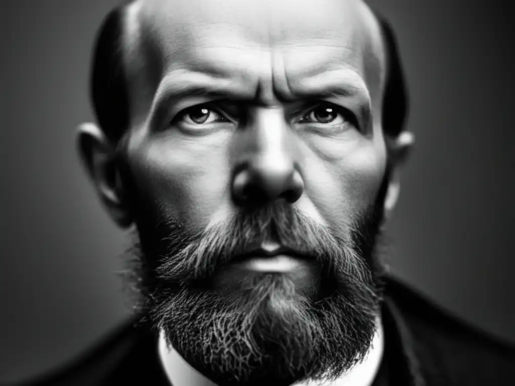 Una fotografía en blanco y negro de Fyodor Dostoevsky, con intensidad en sus ojos y líneas marcadas en su frente