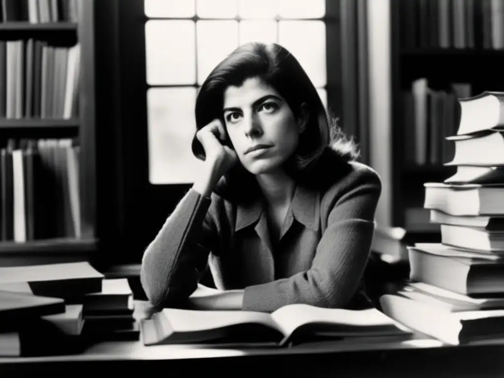 Una fotografía en blanco y negro de la joven Susan Sontag concentrada en su escritorio, rodeada de libros y papeles