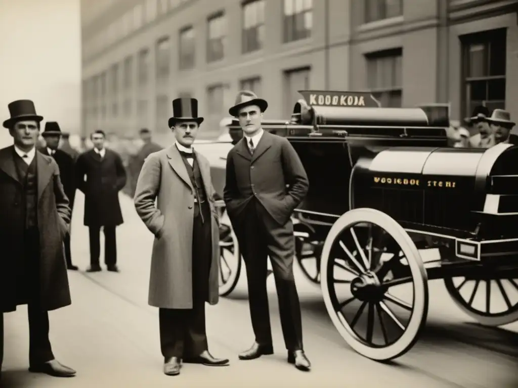 Una fotografía en blanco y negro muestra a un joven George Eastman frente a la primera fábrica de Kodak
