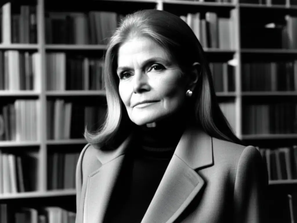 Una fotografía en blanco y negro de una joven Gloria Steinem frente a una estantería llena de libros, con una expresión determinada y enfocada