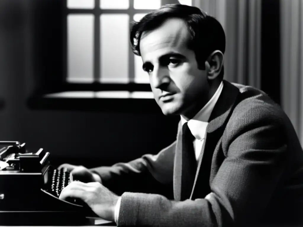 Una fotografía en blanco y negro de François Truffaut, joven, en su máquina de escribir, con una expresión contemplativa