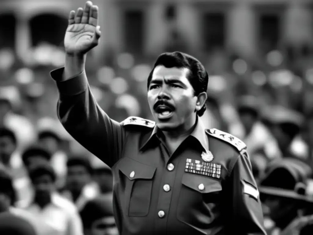 Una fotografía en blanco y negro de un joven Daniel Ortega dirigiéndose a una multitud, con expresión determinada y vestido con uniforme militar