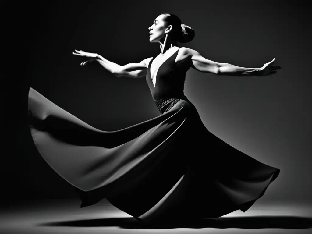 Una fotografía en blanco y negro de Martha Graham en medio de una intensa danza, mostrando pasión y expresión artística