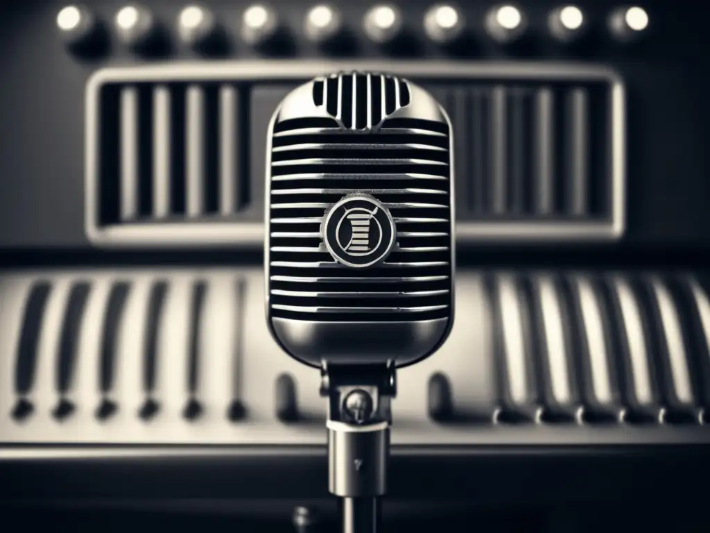 Una fotografía en blanco y negro de un micrófono vintage de radio, con detalles intrincados y textura desgastada