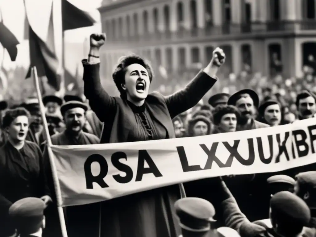 Una fotografía en blanco y negro de Rosa Luxemburgo hablando apasionadamente en un mitin político, rodeada de seguidores con pancartas y banderas