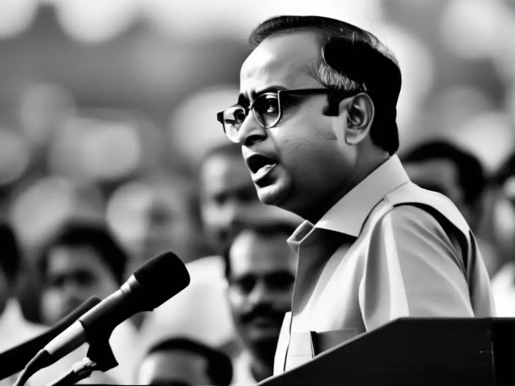 En blanco y negro, Pranab Mukherjee habla en un mitin político, con seguidores ondeando banderas