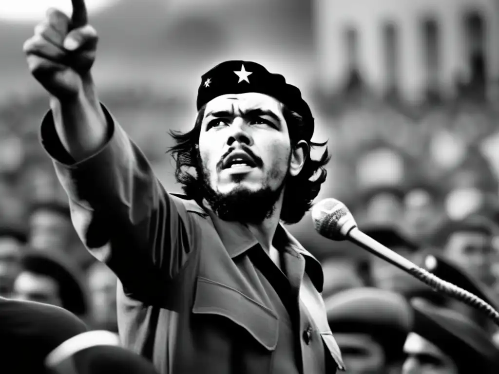 Una fotografía en blanco y negro de Che Guevara hablando apasionadamente a una multitud, su icónica boina visible y sus ojos llenos de determinación