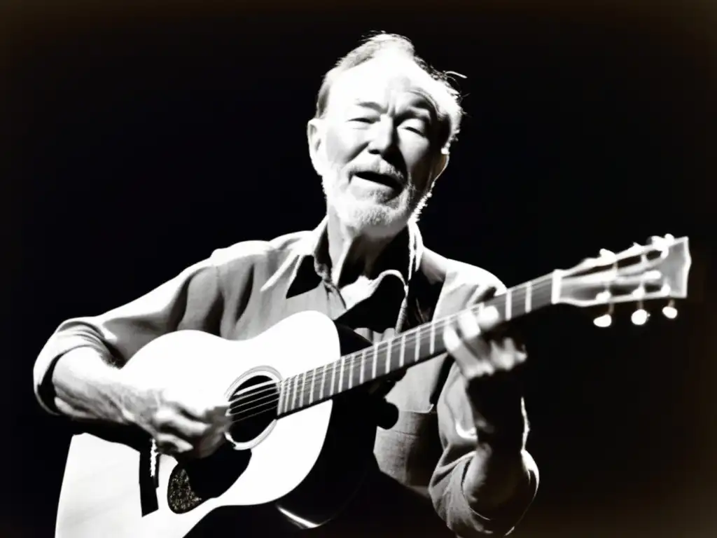 Una fotografía en blanco y negro de Pete Seeger tocando la guitarra en el escenario, con una expresión intensa pero contemplativa