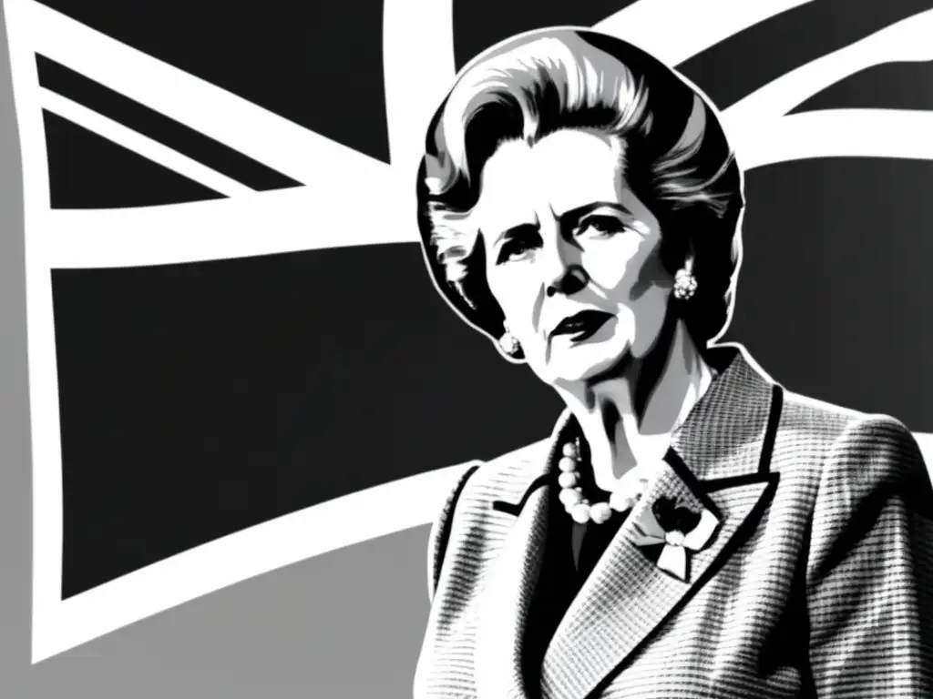 Una fotografía en blanco y negro de Margaret Thatcher de pie con confianza frente a una bandera británica ondeando al viento