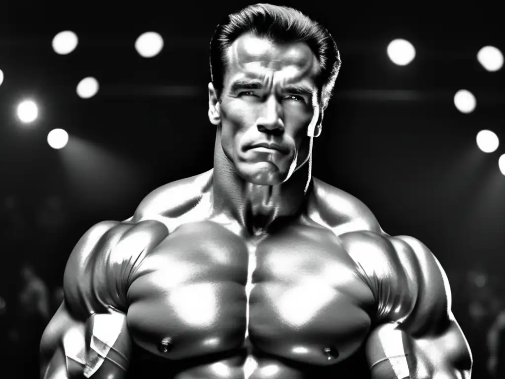 Fotografía en blanco y negro de Arnold Schwarzenegger en pose de culturismo, exudando poder y confianza