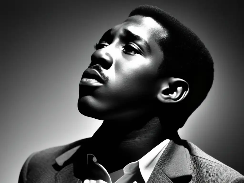 Una fotografía en blanco y negro de Otis Redding de joven, reflejando determinación y resiliencia, preludiando su influencia en la música moderna