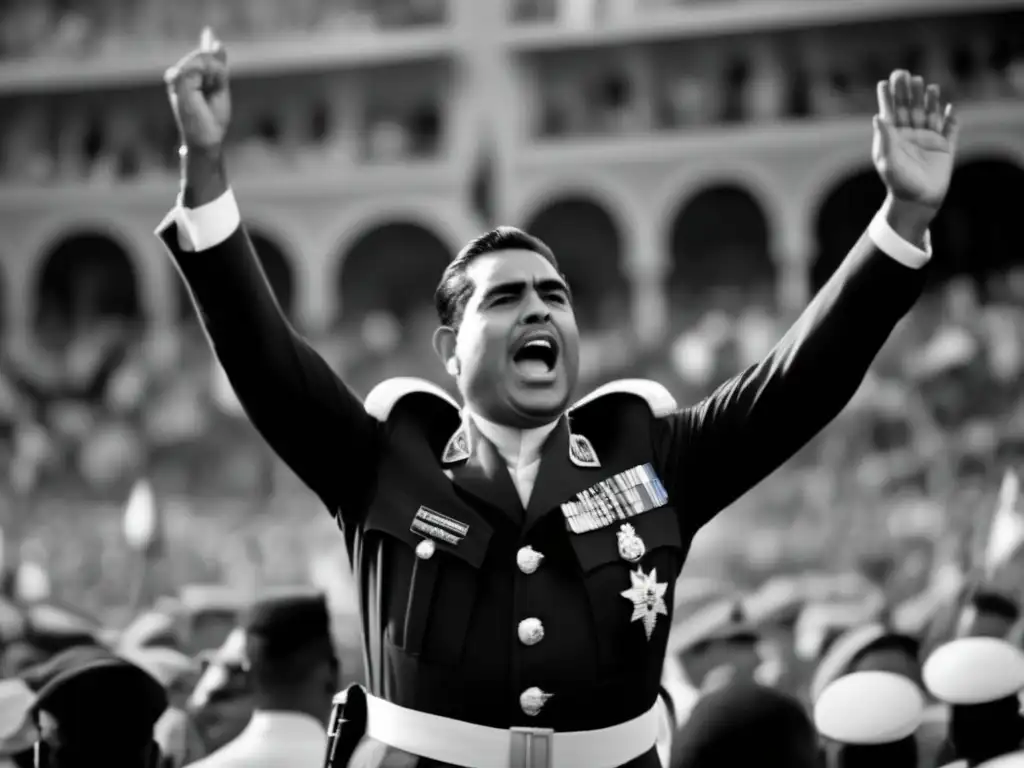 Una fotografía en blanco y negro de Rafael Leónidas Trujillo, rodeado de una multitud y luciendo un uniforme militar condecorado