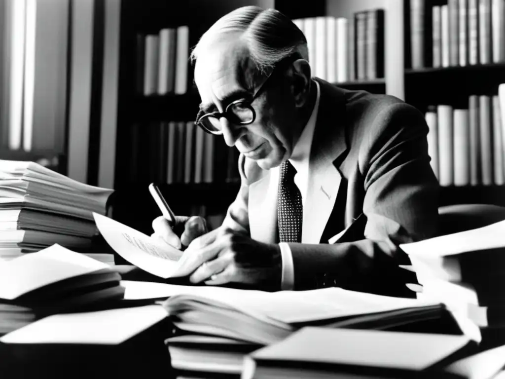 Una fotografía en blanco y negro de Gay Talese, rodeado de papeles y libros, examinando meticulosamente una nota escrita a mano con una lupa
