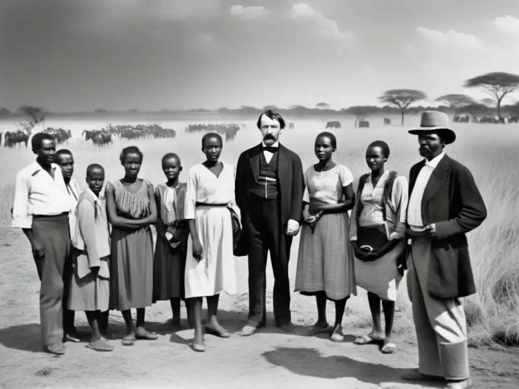 Una fotografía en blanco y negro de David Livingstone en la sabana africana, rodeado de lugareños