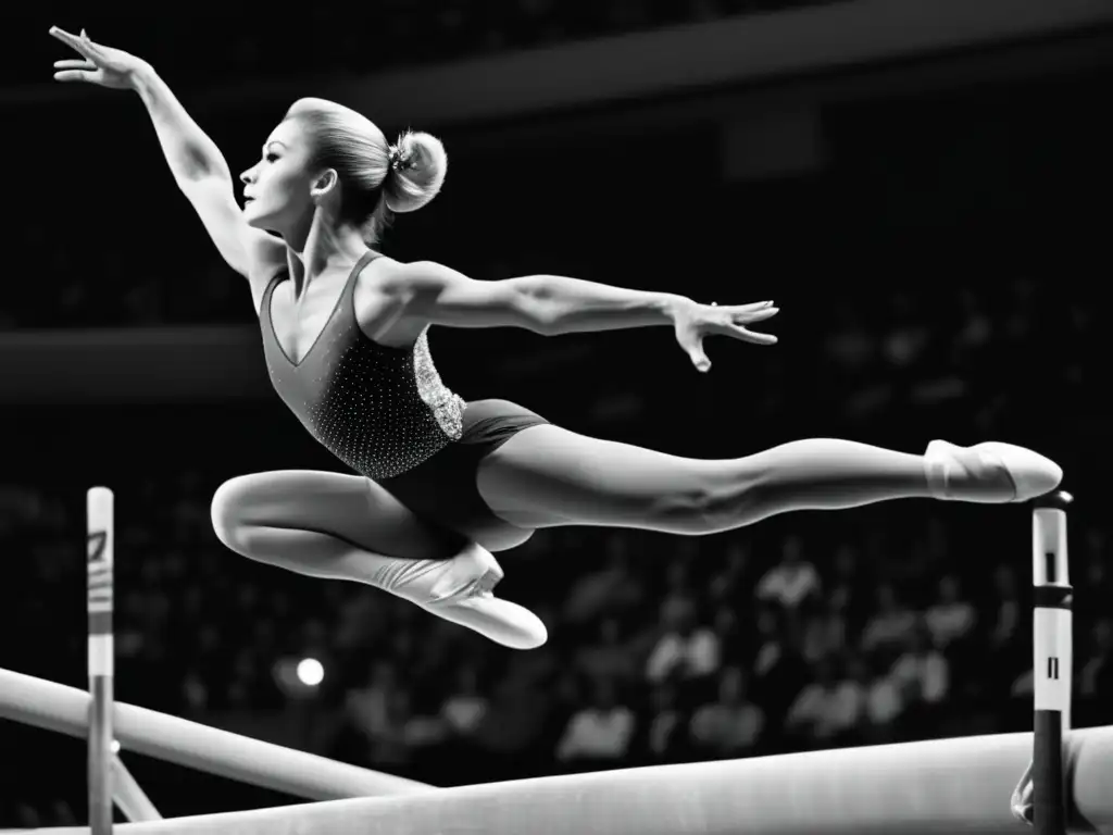 Una fotografía en blanco y negro de Larisa Latynina realizando un salto mortal perfecto en la viga de equilibrio