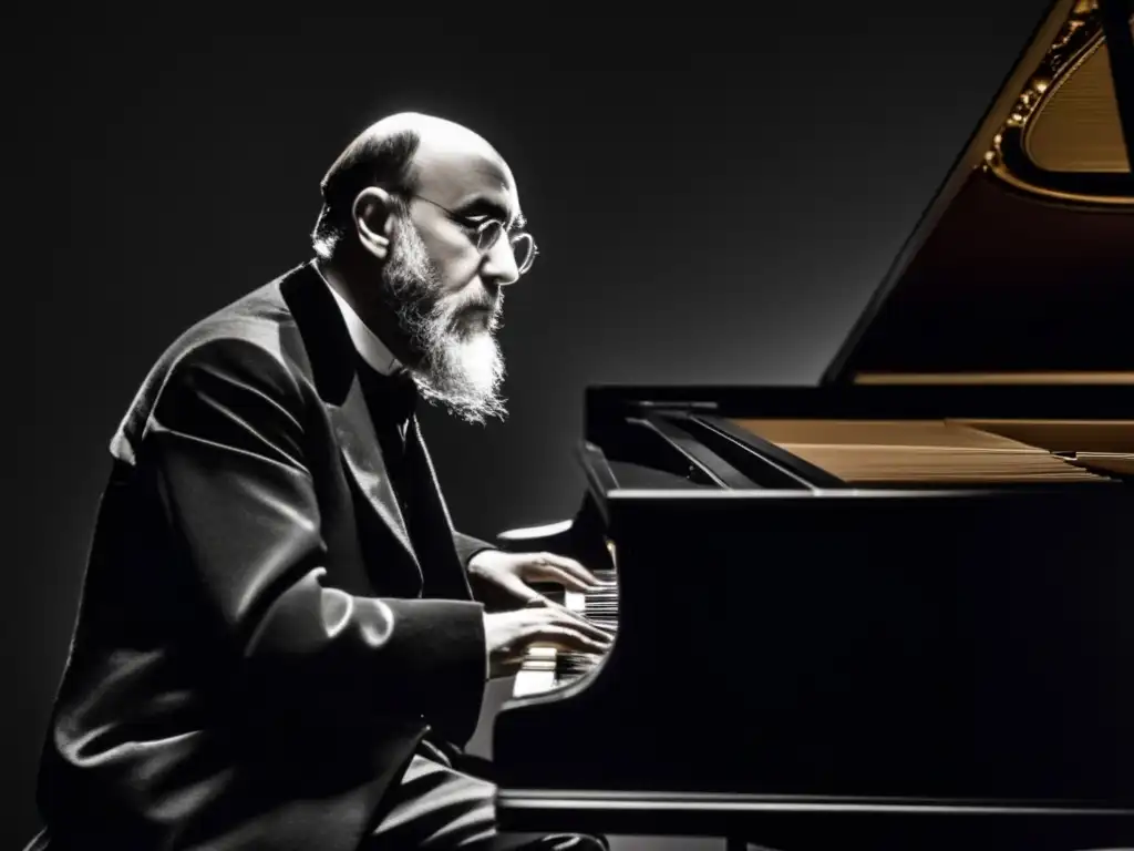 Una fotografía en blanco y negro de Erik Satie sentado al piano, iluminado por un foco solitario