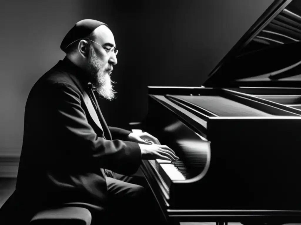 Una fotografía en blanco y negro de Erik Satie sentado al piano, con una expresión contemplativa