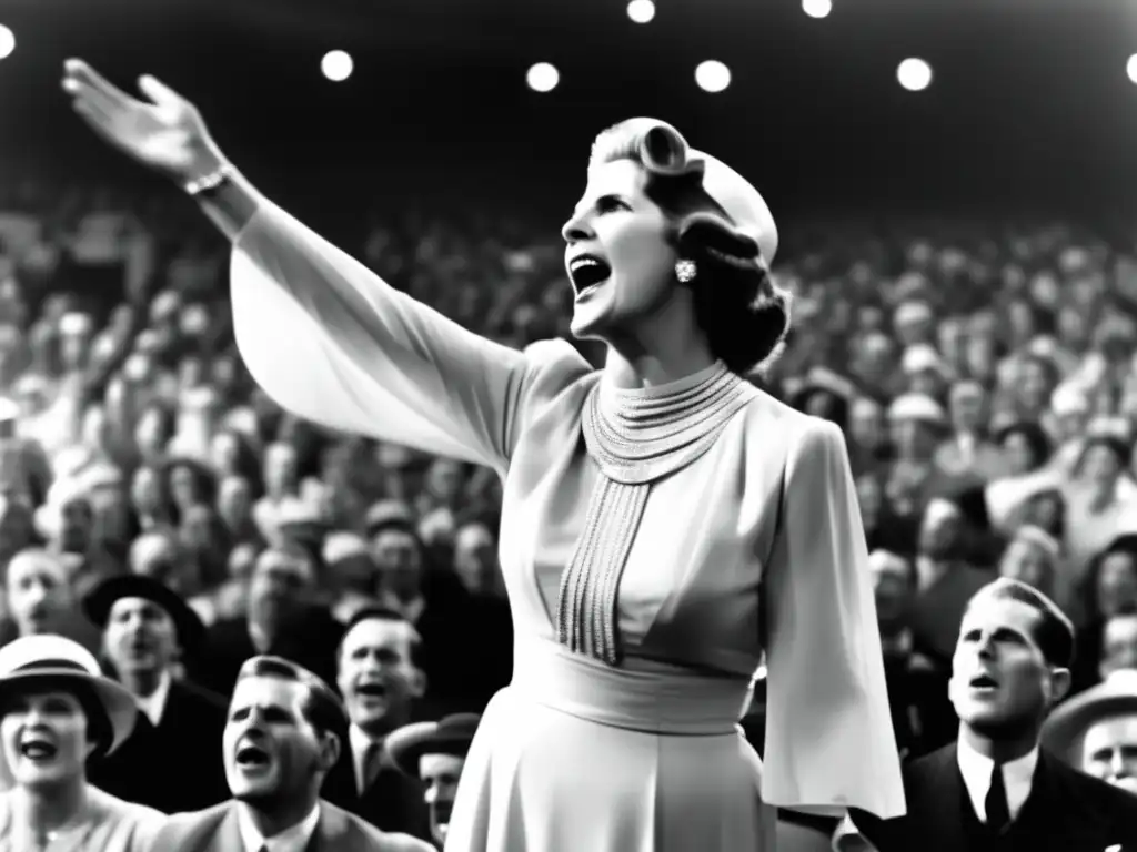 Una fotografía en blanco y negro de Aimee Semple McPherson predicando apasionadamente a una multitud, con un mar de rostros atentos y reverentes