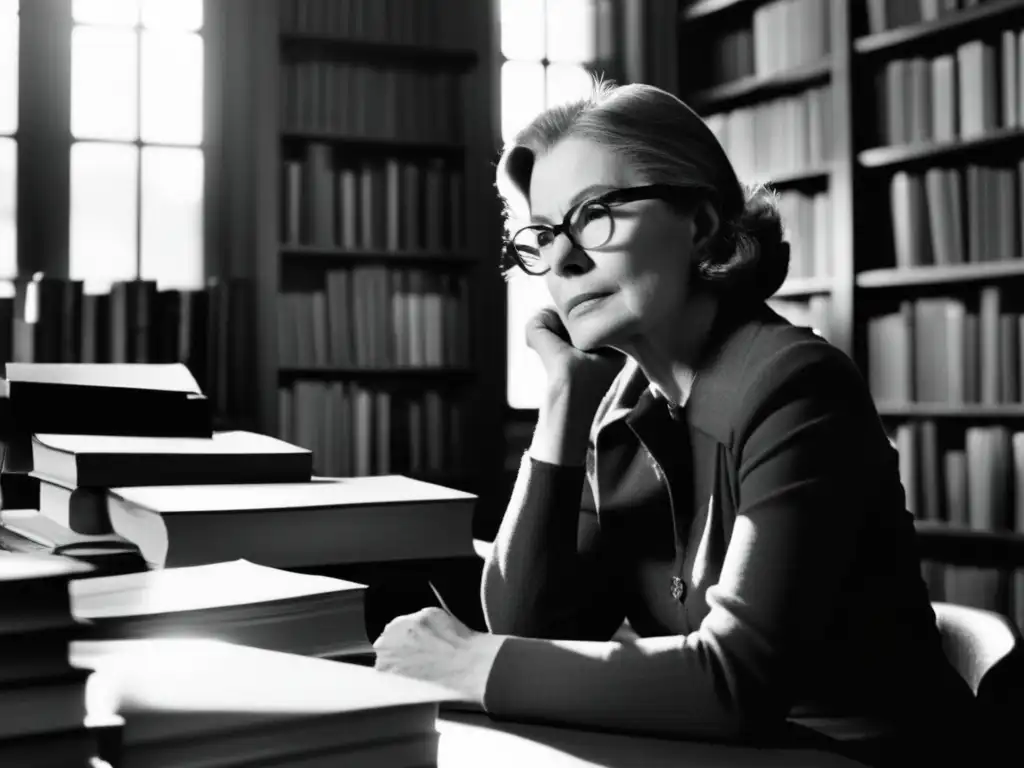 Una fotografía en blanco y negro de Janet Malcolm sentada en su escritorio, rodeada de pilas de libros y papeles