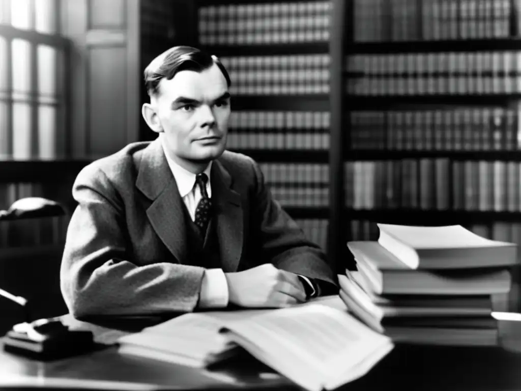 Una fotografía en blanco y negro de Alan Turing sentado en un escritorio, rodeado de papeles y libros, con una expresión contemplativa en su rostro