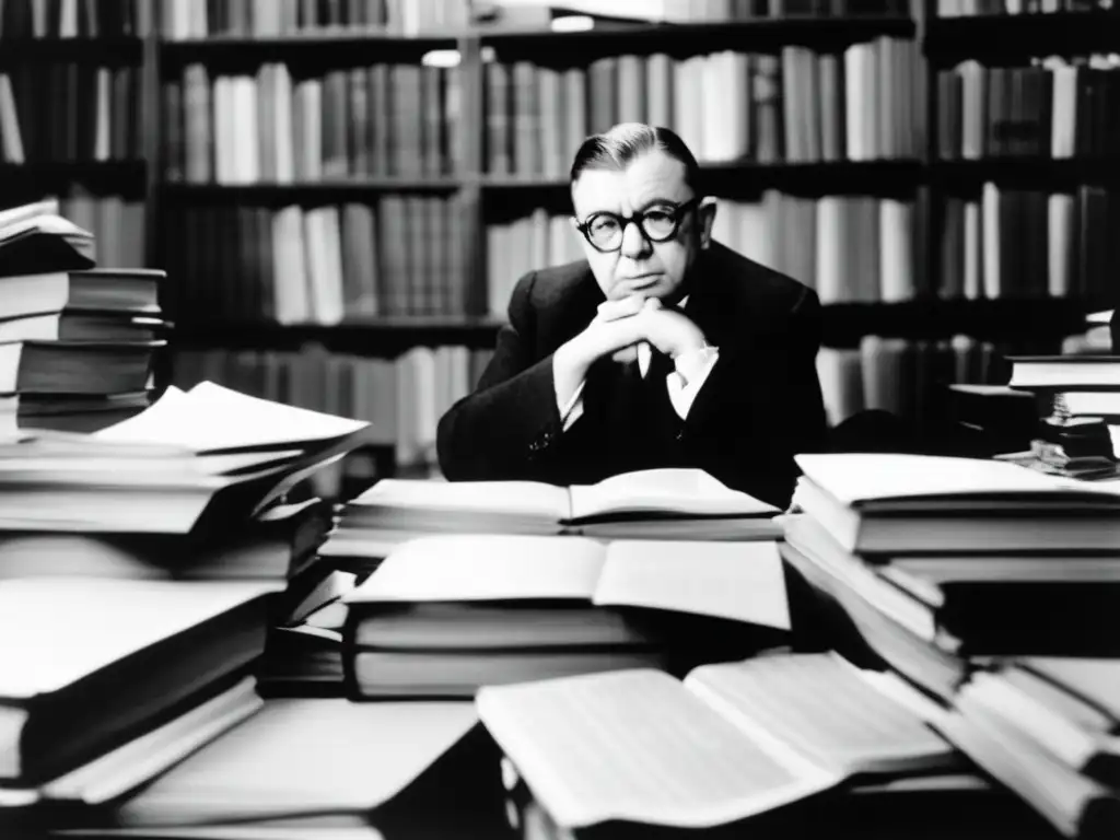 En la fotografía en blanco y negro, Jean-Paul Sartre está sentado en un escritorio desordenado, rodeado de pilas de libros y papeles