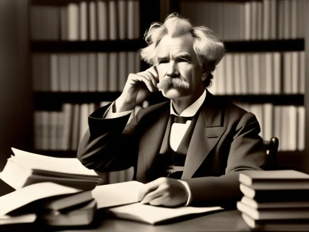 Una fotografía en blanco y negro de Mark Twain sentado en un escritorio, rodeado de montones de libros y papeles