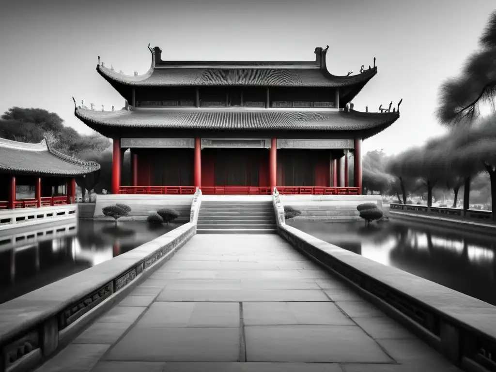 Una fotografía en blanco y negro del sereno Templo de Confucio en Qufu, China