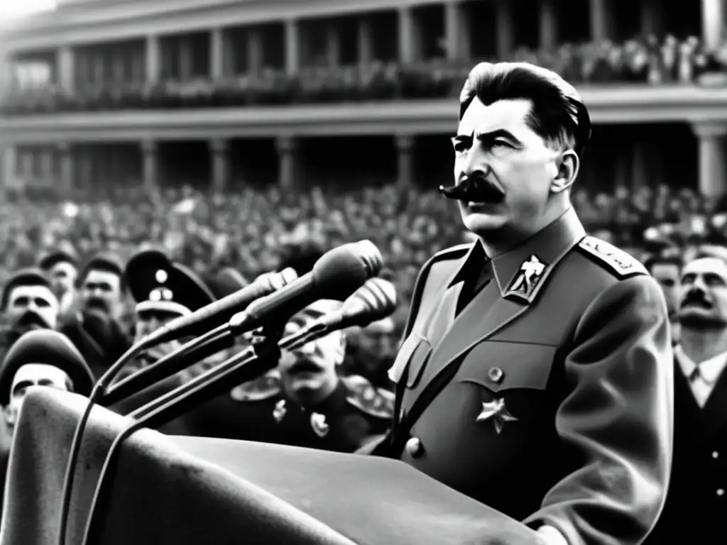 Una fotografía en blanco y negro de Joseph Stalin dirigiéndose a una multitud con banderas soviéticas al fondo