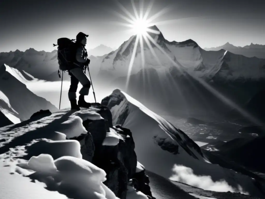 Fotografía en blanco y negro de Junko Tabei en la cumbre del Monte Everest, simbolizando la vida pionera de Junko Tabei