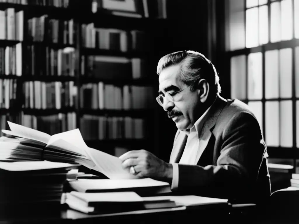 En la fotografía en blanco y negro, Gabriel García Márquez se encuentra sentado en su escritorio, rodeado de montones de papeles y libros