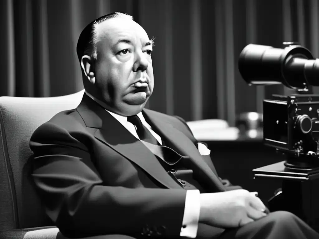 En blanco y negro, Alfred Hitchcock en su silla de director, exudando carisma y control creativo en el set de filmación