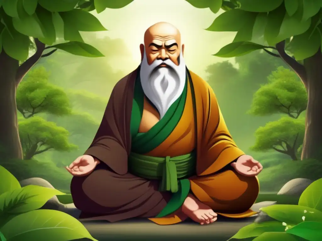 Bodhidharma medita bajo un árbol, irradiando serenidad y sabiduría zen