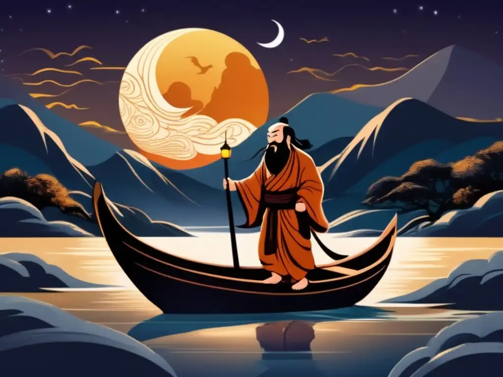 Bodhidharma cruza un río en barca, iluminado por la luz de la luna