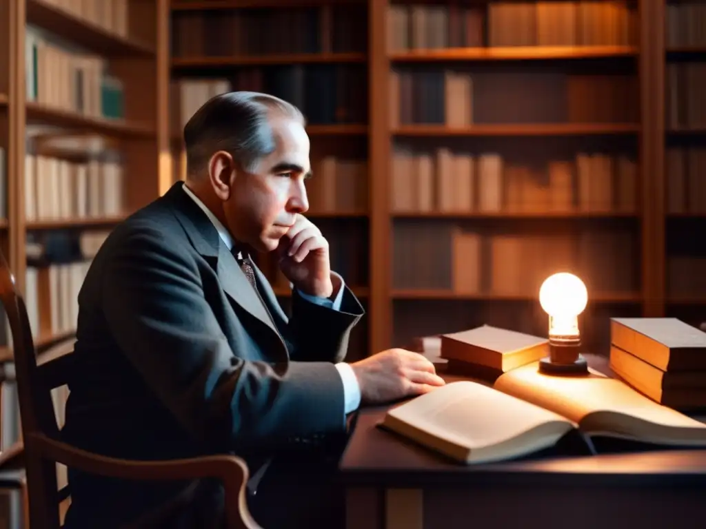 Niels Bohr físico atómico misticismo: Imagen de Niels Bohr en su estudio, inmerso en libros e instrumentos científicos, con símbolos y ecuaciones místicas en el fondo