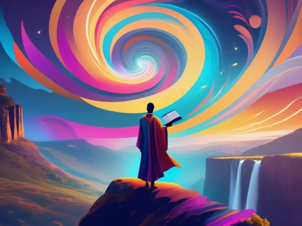 En el borde del acantilado, un teólogo contempla un vórtice de energía, buscando la verdad en los orígenes del cristianismo