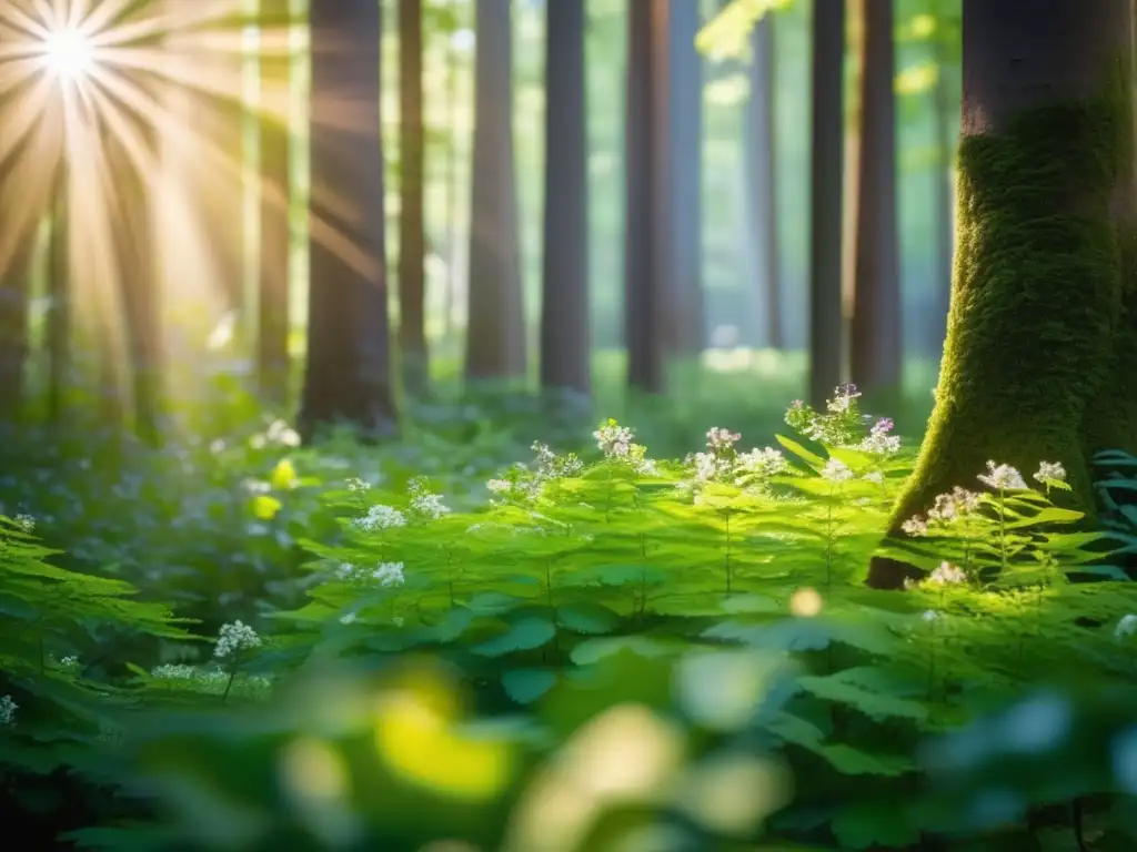 Un bosque bañado por el sol, con hojas verdes vibrantes y flores delicadas creando un patrón hipnótico de luz y sombra